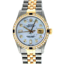 Rolex Men's Two Tone 14K Mother Of Pearl Diamond & Sapphire Datejust Wristwatch