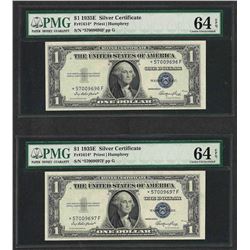 Lot of (2) Consecutive 1935E $1 Silver Certificate STAR Notes PMG Choice Unc. 64