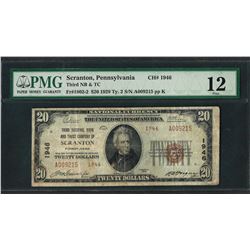 1929 $20 National Currency Note Scranton, Pennsylvania CH# 1946 PMG Fine 12