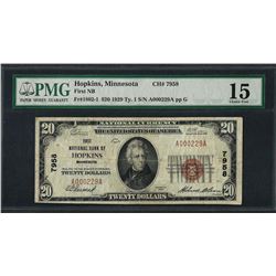 1929 $20 National Currency Note Hopkins, MN CH# 7958 PMG Choice Fine 15