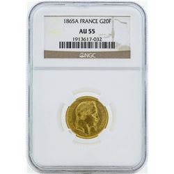 1865A France 20 Francs Gold Coin NGC AU55