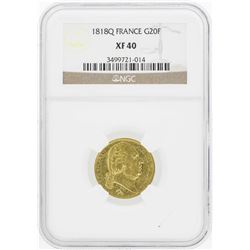 1818L France 20 Francs Gold Coin NGC XF40