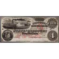 1860's $4 The State of Missouri Defence Bond Obsolete Note