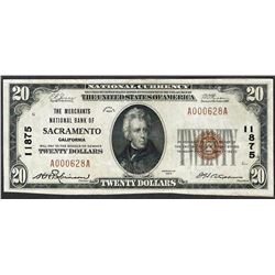 1929 $20 The Merchants National Bank of Sacramento Currency Note CH# 11875