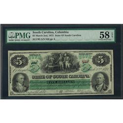 1872 $5 State of South Carolina Obsolete Note PMG Choice About Uncirculated 58EP