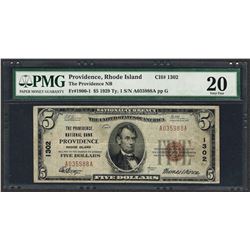 1929 $5 National Currency Note Providence, Rhode Island CH# 1302 PMG Very Fine 2