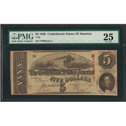 1862 $5 Confederate State of America Note T-53 PMG Very Fine 25