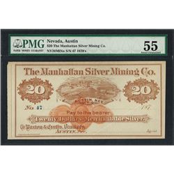 1870's $20 The Manhattan Silver Mining Co. Obsolete Note PMG About Uncirculated