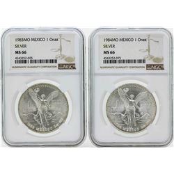 Set of 1983MO-1984MO Mexico 1 Onza Silver Libertad Coins NGC MS66