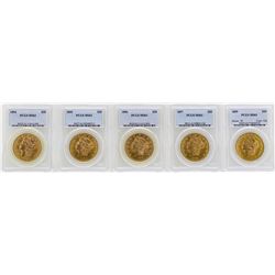 Lot of (5) $20 Liberty Head Double Eagle Gold Coins PCGS MS61