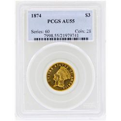 1874 $3 Indian Princess Head Gold Coin PCGS AU55