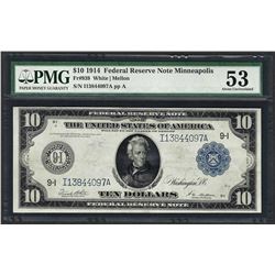 1914 $10 Federal Reserve Note Minneapolis Fr.939 PMG About Uncirculated 53