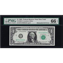 1963 $1 Federal Reserve Note Mismatched Serial Number ERROR PMG Gem Unc. 66EPQ