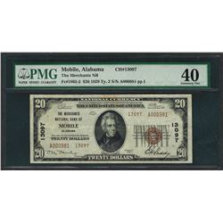 1929 $20 National Currency Note Mobile, Alabama CH# 13097 PMG Extremely Fine 40