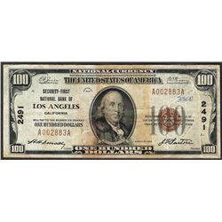 1929 $100 Security-First National Bank of Los Angeles Currency Note CH# 2491