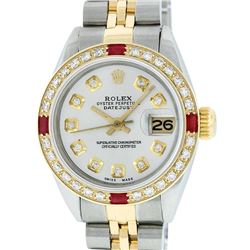 Rolex Ladies Two Tone 14K Silver Diamond & Ruby Datejust Wristwatch