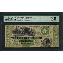 1859 $5 The Bank of Tecumseh Obsolete Note PMG Very Fine 25