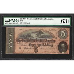 1864 $5 Confederate States of America Note T-69 PMG Choice Uncirculated 63EPQ