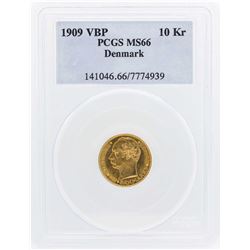 1909 VBP Denmark 10 Kroners Gold Coin PCGS MS66