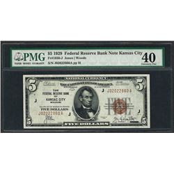 1929 $5 Federal Bank of Kansas City Note Fr.1850-J PMG Extremely Fine 40