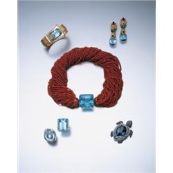 A PAIR OF AQUAMARINE, TOURMALINE, ONYX AND DIAMOND EARPENDANTS