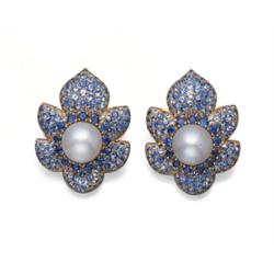 A PAIR OF SAPPHIRE AND CULTURED PEARL EARCLIPS