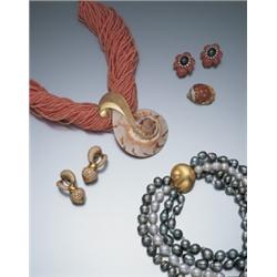 A CORAL, SHELL AND COLORED DIAMOND NECKLACE