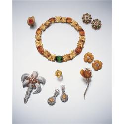 A PAIR OF CITRINE, PERIDOT AND DIAMOND CLUSTER EARCLIPS