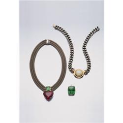 A SILVER, GOLD AND MOONSTONE NECKLACE AND A GOLD, PERIDOT AND TOURMALINE NECKLACE