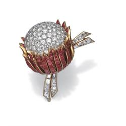 A FINE DIAMOND AND RUBY FLOWER BROOCH, ca. 1960