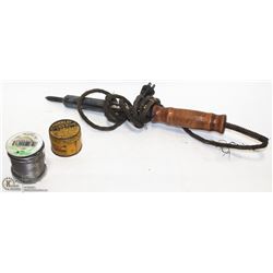 ANTIQUE SOLDERING IRON WITH CAN OF PASTE AND