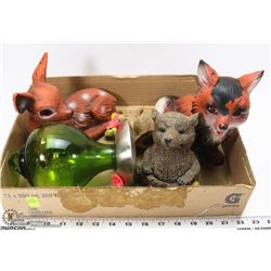 FLAT OF ANIMAL FIGURES AND HUMMING BIRD FEEDER