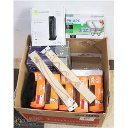 BOX OF LIGHTBULBS, TEST PREP KITS, 2 MOTOROLA