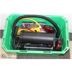 BIN WITH TOOLS, SOCKETS, PUMP, AND MORE.