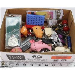 FLAT OF COLLECTIBLE KEYCHAINS, LANTERN, FLASHLIGHT