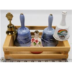 SMALL WOODEN BOX OF BELLS
