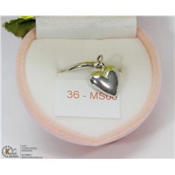 36) STERLING SILVER RING WITH HEART SHAPED DANGLE