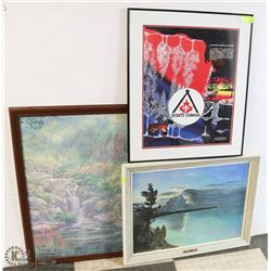 LOT OF 3 FRAMED PICTURES, TWO ARE ART, ONE IS