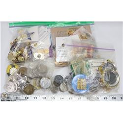LARGE BAG WITH COINS, PINS & BADGES