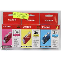 3 CANON 3E INK CARTRIDGES- CYAN, YELLOW, MAGENTA