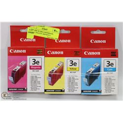 3 CANON 3E INK CARTRIDGES- CYAN, YELLOW, MAGENTA