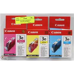 3 CANON 3E INK CARTRIDGES- CYAN, YELLOW, MAGENTA