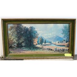 VINTAGE GREEN FABRIC FRAMED OIL PAINTING  BY