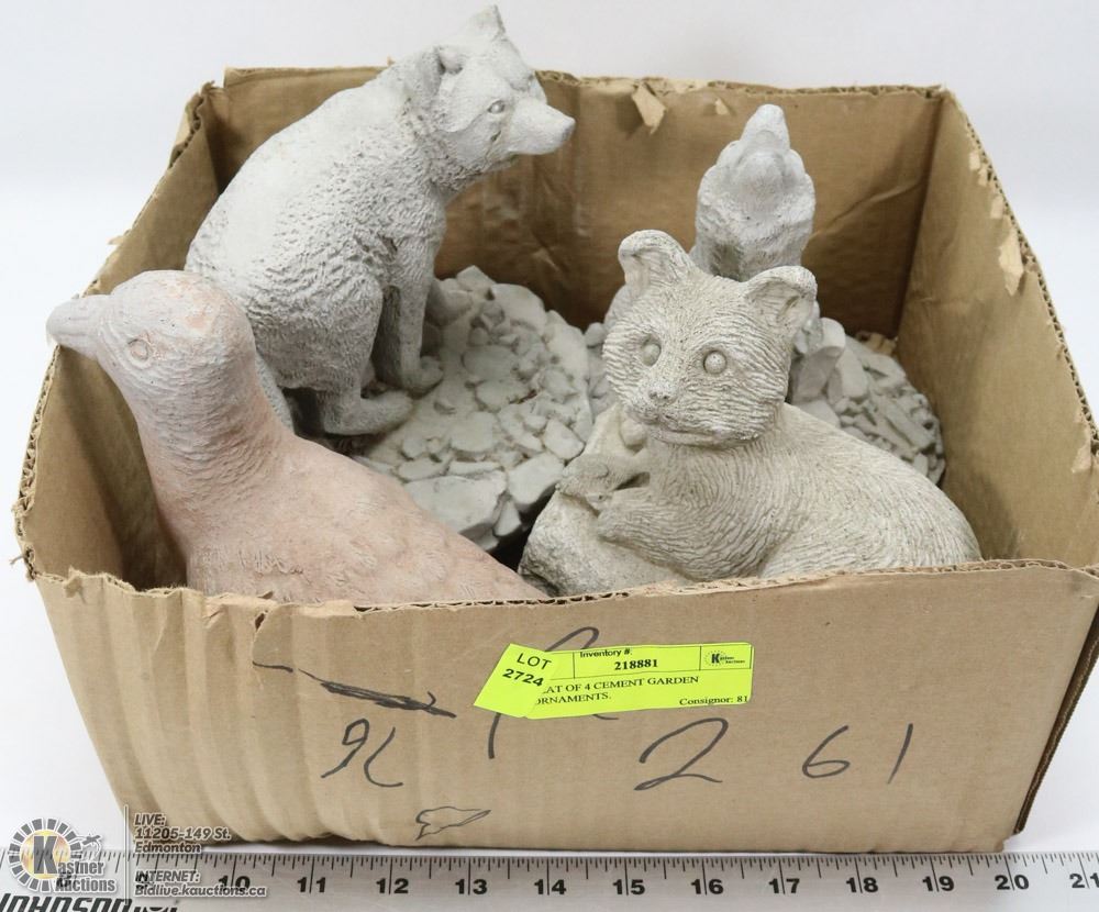 FLAT OF 4 CEMENT GARDEN ORNAMENTS.
