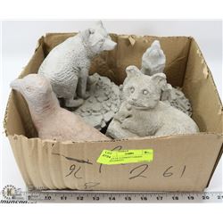 FLAT OF 4 CEMENT GARDEN ORNAMENTS.