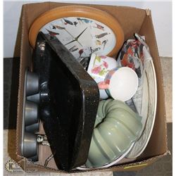 ESTATE BOX WITH BAKEWARE, WALL CLOCK, AND MORE