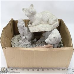 FLAT OF 4 CEMENT GARDEN ORNAMENTS.