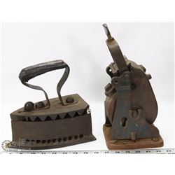 VINTAGE 1-1/2 PINT CEMENT POT & VINTAGE METAL IRON