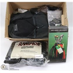 LARGE BOX WITH GOLF MISC. INCL MANY AND MOSTLY NEW
