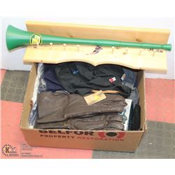 BOX OF GLOVES, HATS, SHIRTS, AND MORE